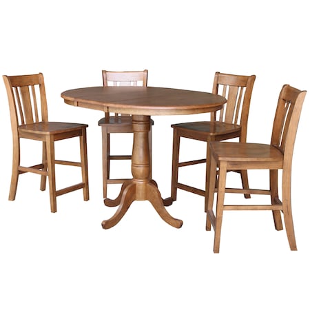 International Concepts Round 36 in Rd Extension Dining Table, 4 San Remo Stools, Distressed Oak, 36 in W, 48 in L, Wood K42-36RXT-6B-S102-4